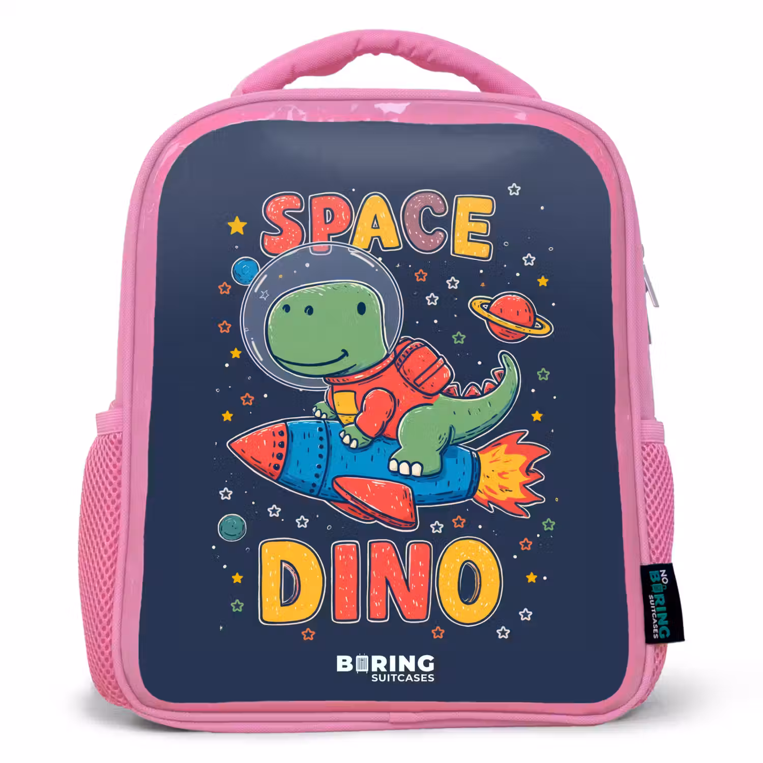 Dino - Groen - Raket - Sterren Kinderrugzak - Roze middel -3d