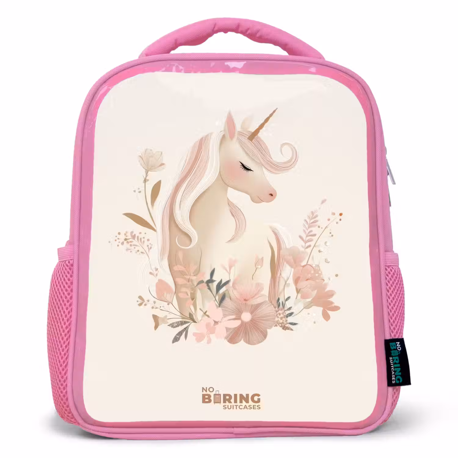 Eenhoorn tussen bloemen in roze pastel kleuren Kinderrugzak - Roze middel -3d