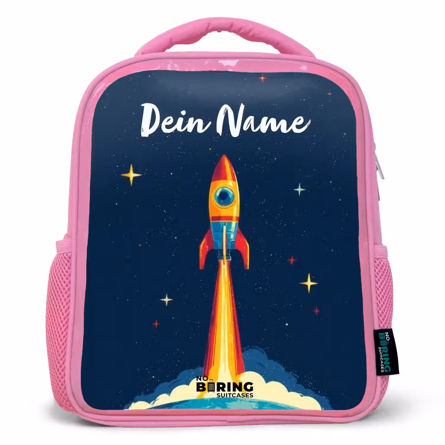 Planeet - Raket - Sterren - Donkerblauw Kinderrugzak - Roze middel -3d