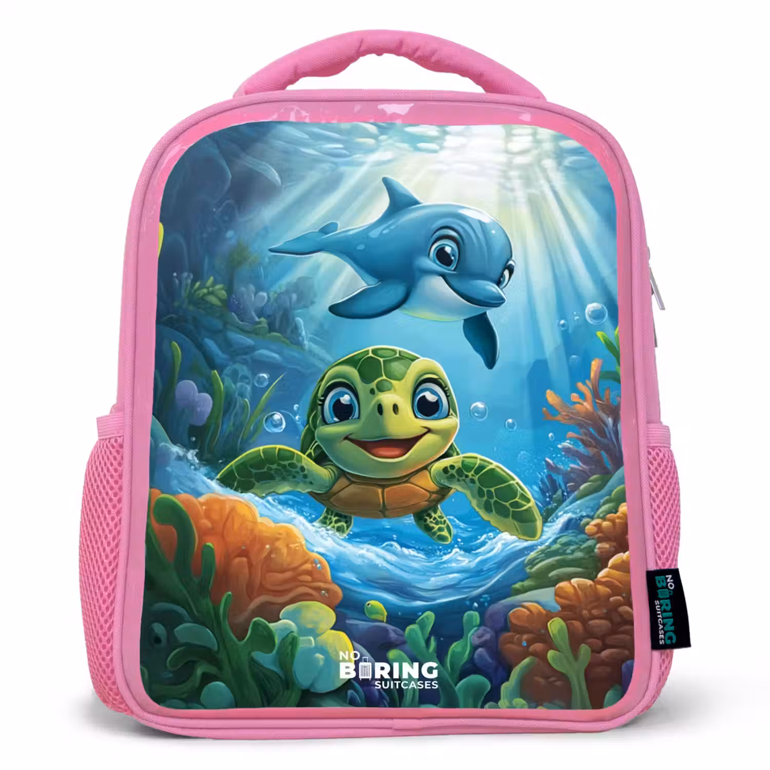 Schildpad en dolfijn in blauwe oceaan Kinderrugzak - Roze middel -3d