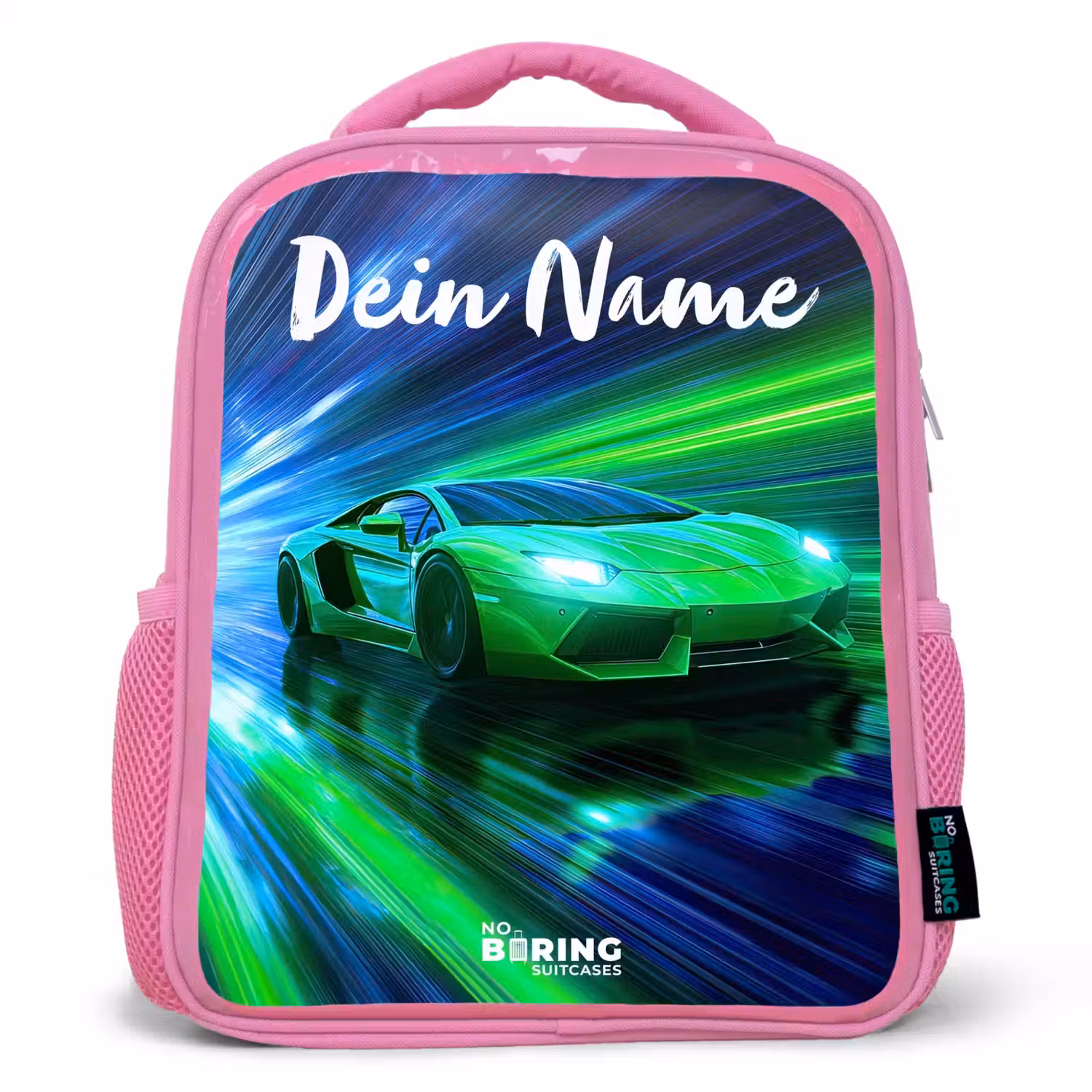 Sportauto - Groen - Snelheidslijnen - Neon Kinderrugzak - Roze middel -3d