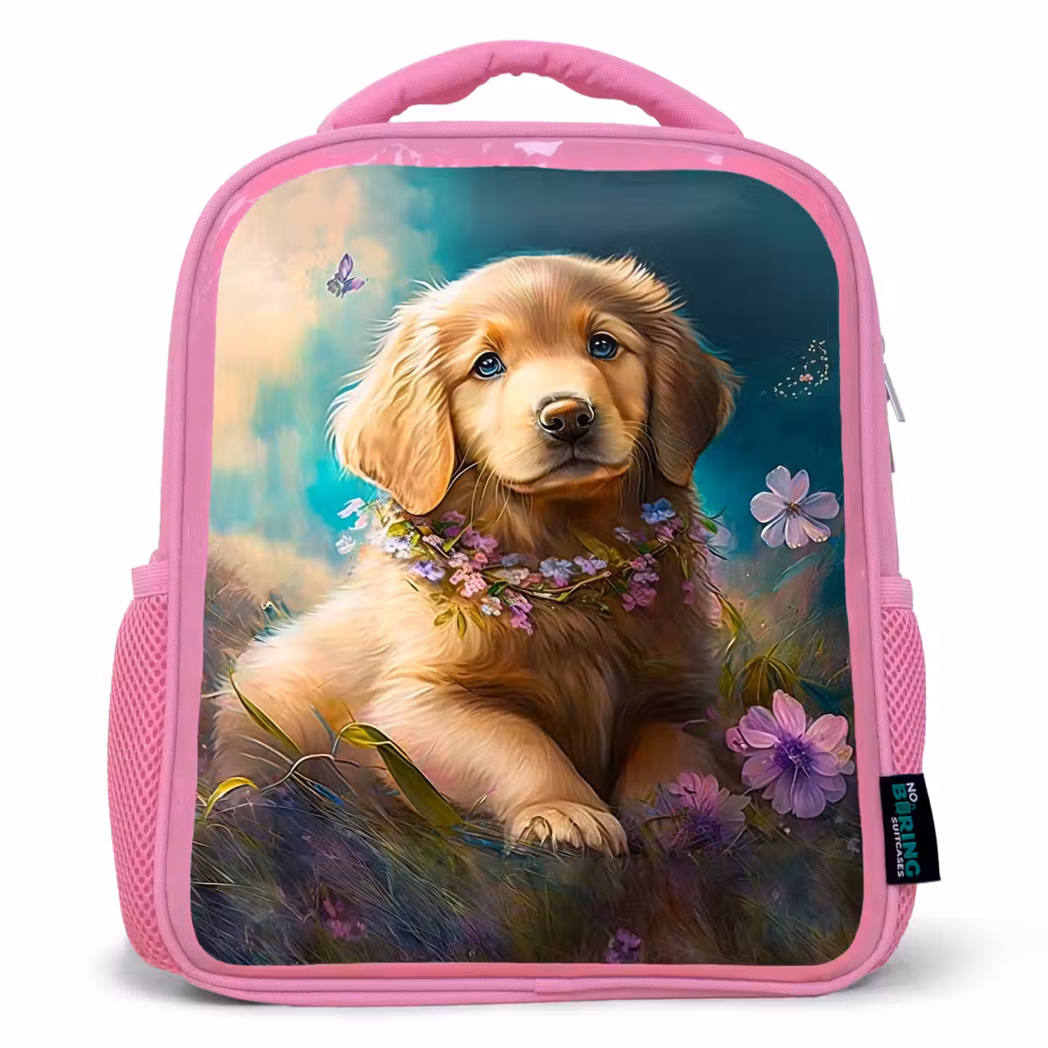 Puppy - Bloemenkrans - Vlinder - Hond - Golden retriever Kinderrugzak - Roze middel -3d