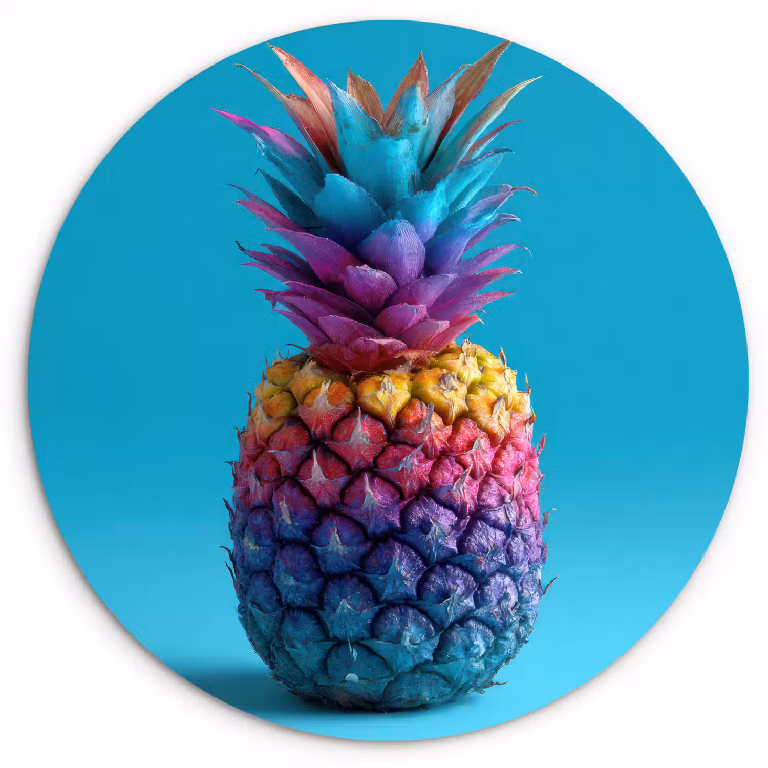Ananas - Regenboog - Blauw - Popart Wandcirkel kunststof plaat 5mm dik klein -3d