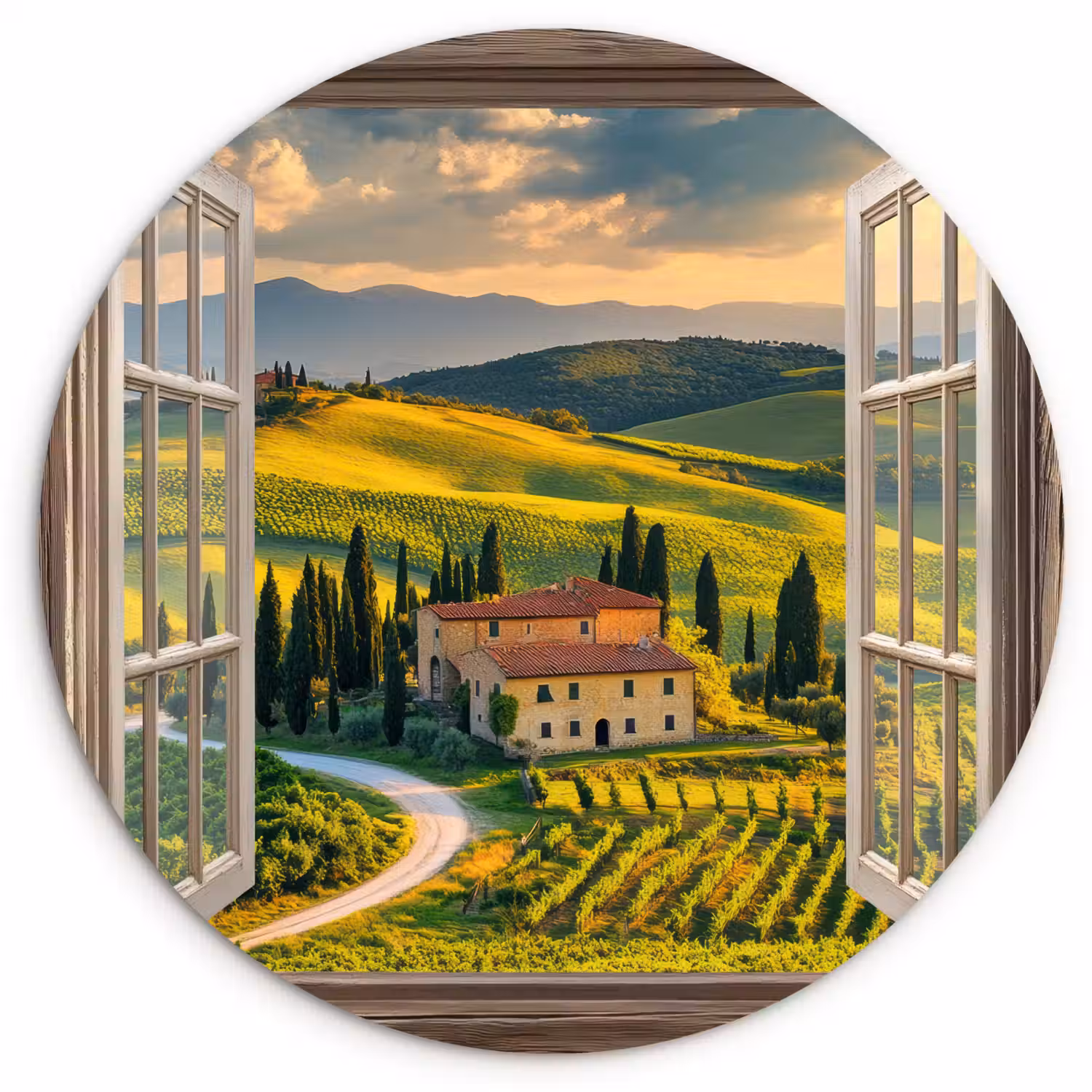 Doorkijk - Toscane - Uitzicht - Landschap - Zomer Wandcirkel kunststof plaat 5mm dik klein -3d