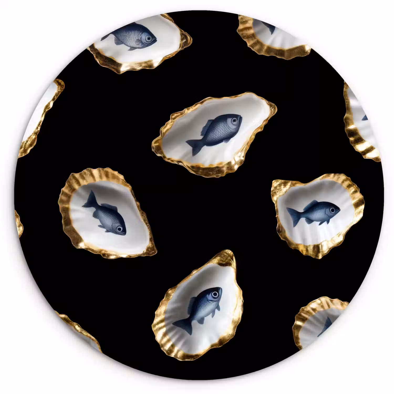 Oesters - Vissen - Blauw - Goud Wandcirkel kunststof plaat 5mm dik klein -3d