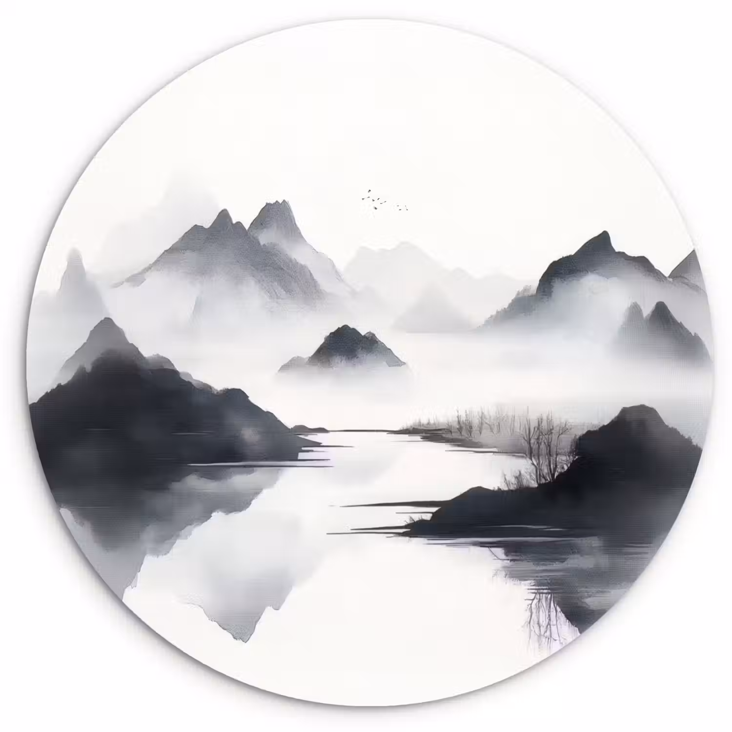 Bergen - Mistig - Water - Wit Wandcirkel kunststof plaat 5mm dik klein -3d