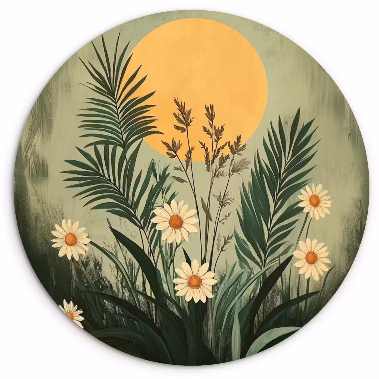 Bloemen - Bladeren - Zon - Groen Wandcirkel kunststof plaat 5mm dik klein -3d