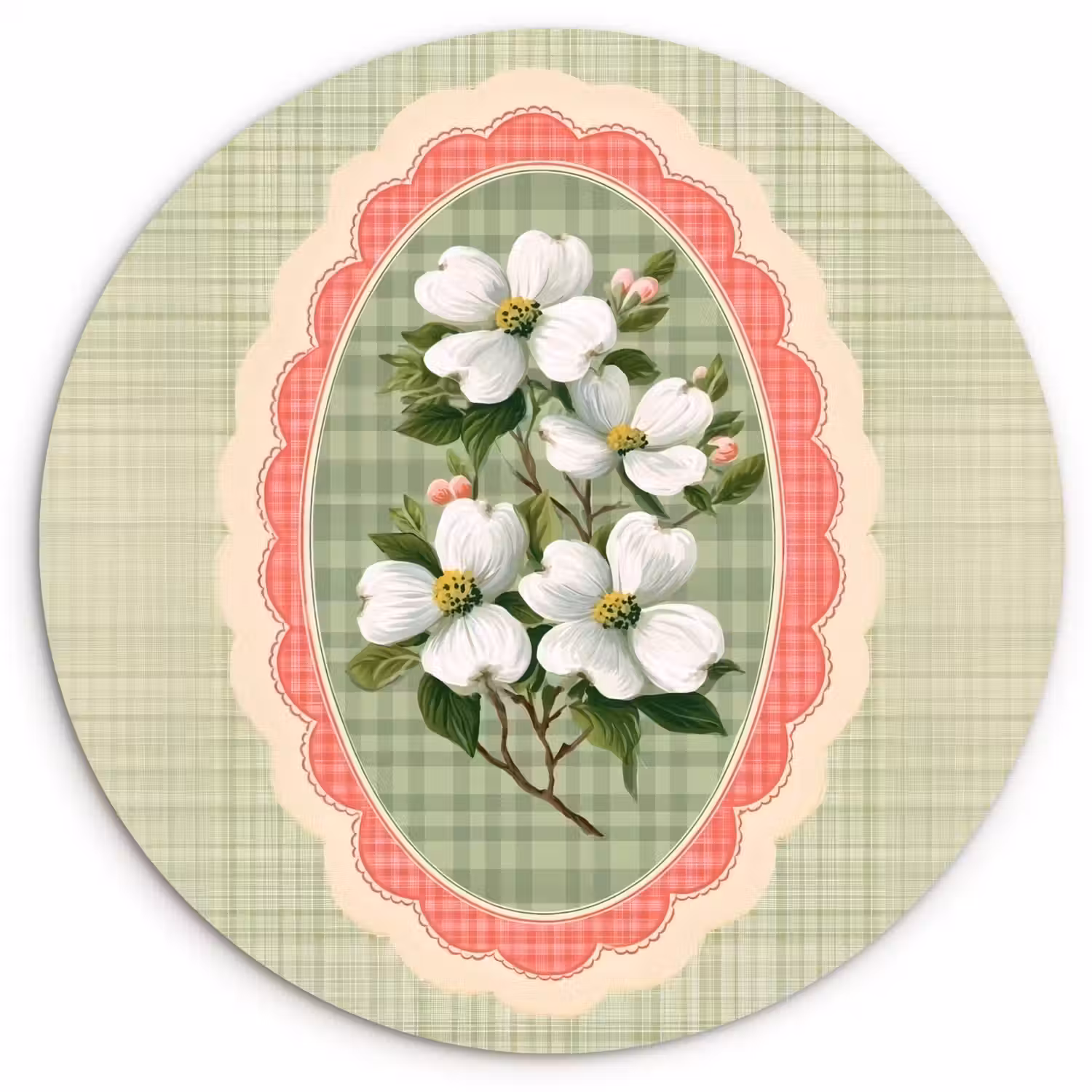 Bloemen - Illustratie - Geruit - Groen Wandcirkel kunststof plaat 5mm dik klein -3d
