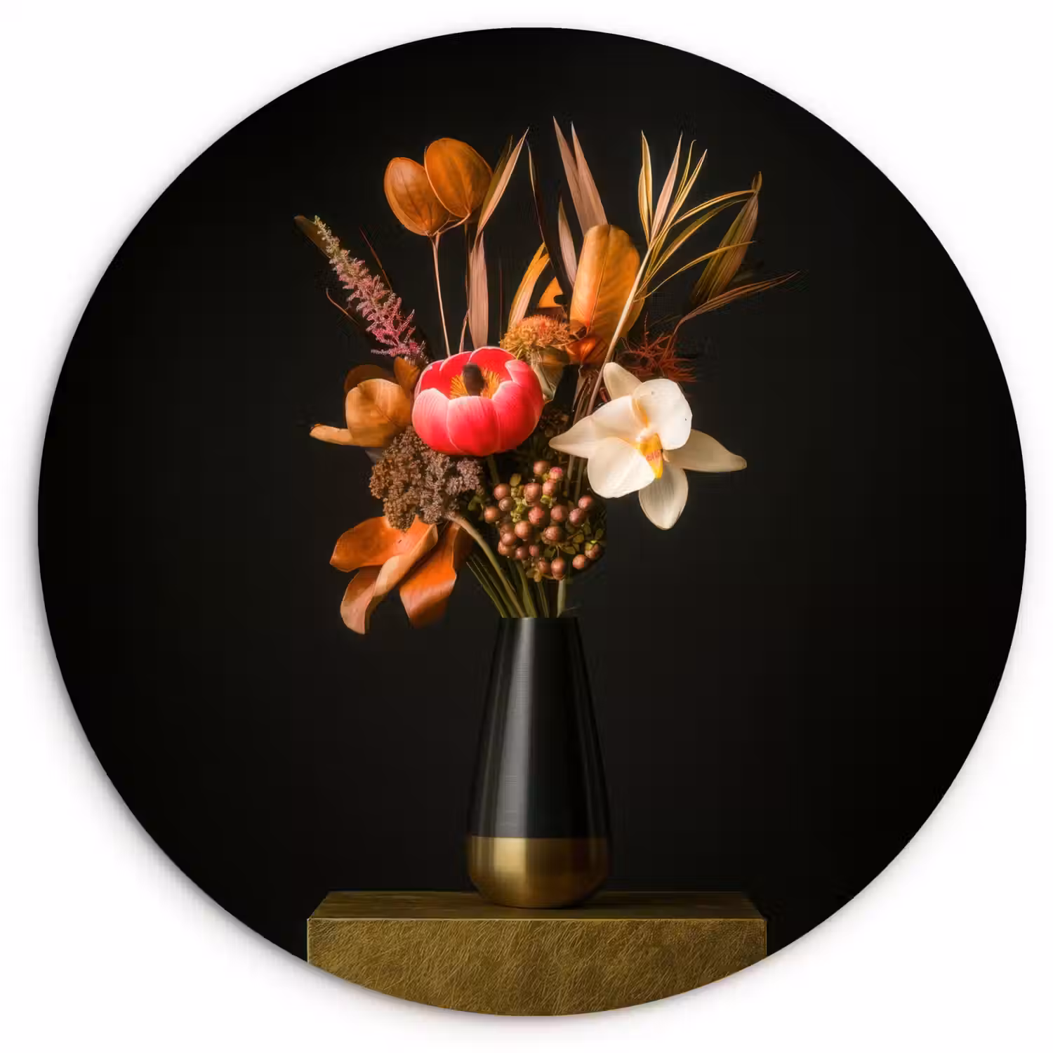 Boeket - Oranje - Gouden - vaas Wandcirkel kunststof plaat 5mm dik klein -3d