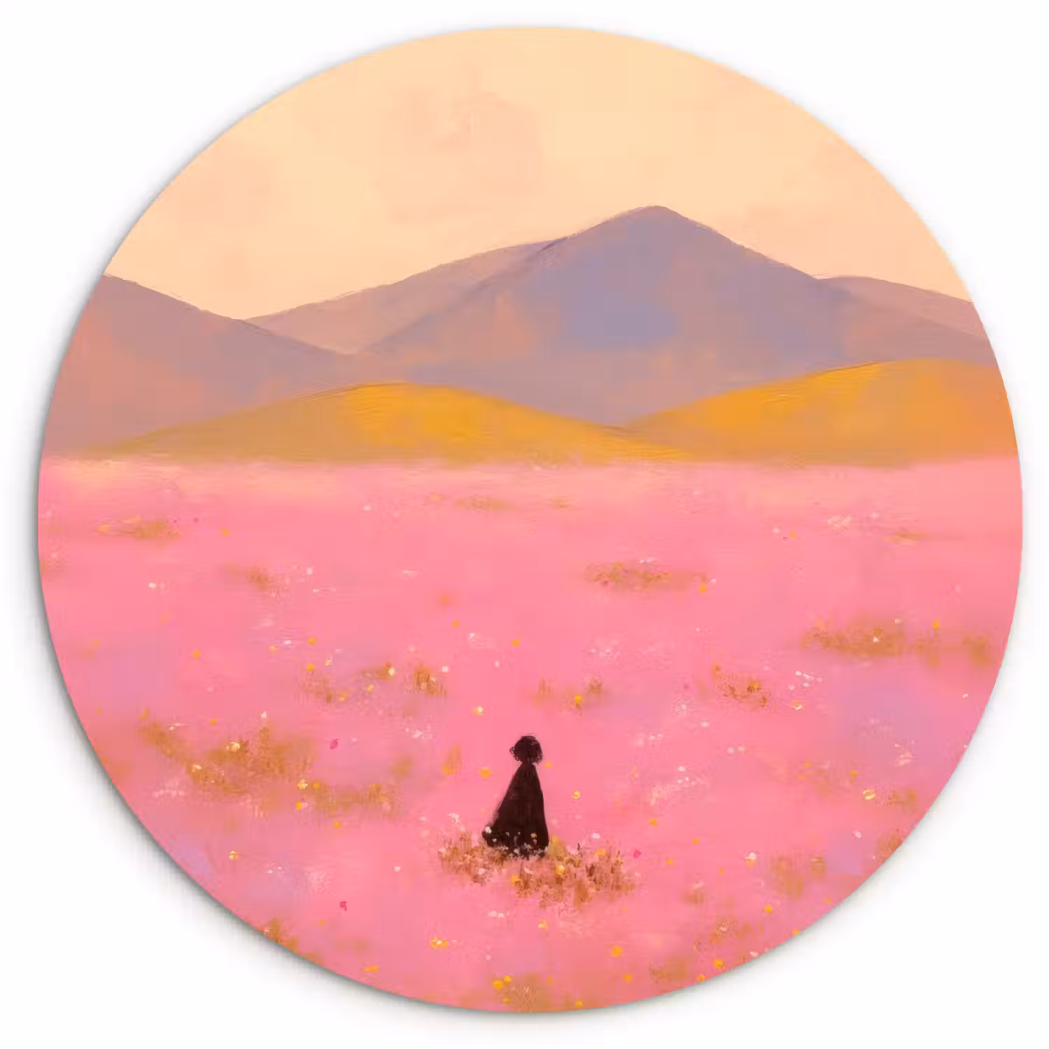 Bloemenweide - Heuvels - Silhouet - Roze Wandcirkel kunststof plaat 5mm dik klein -3d