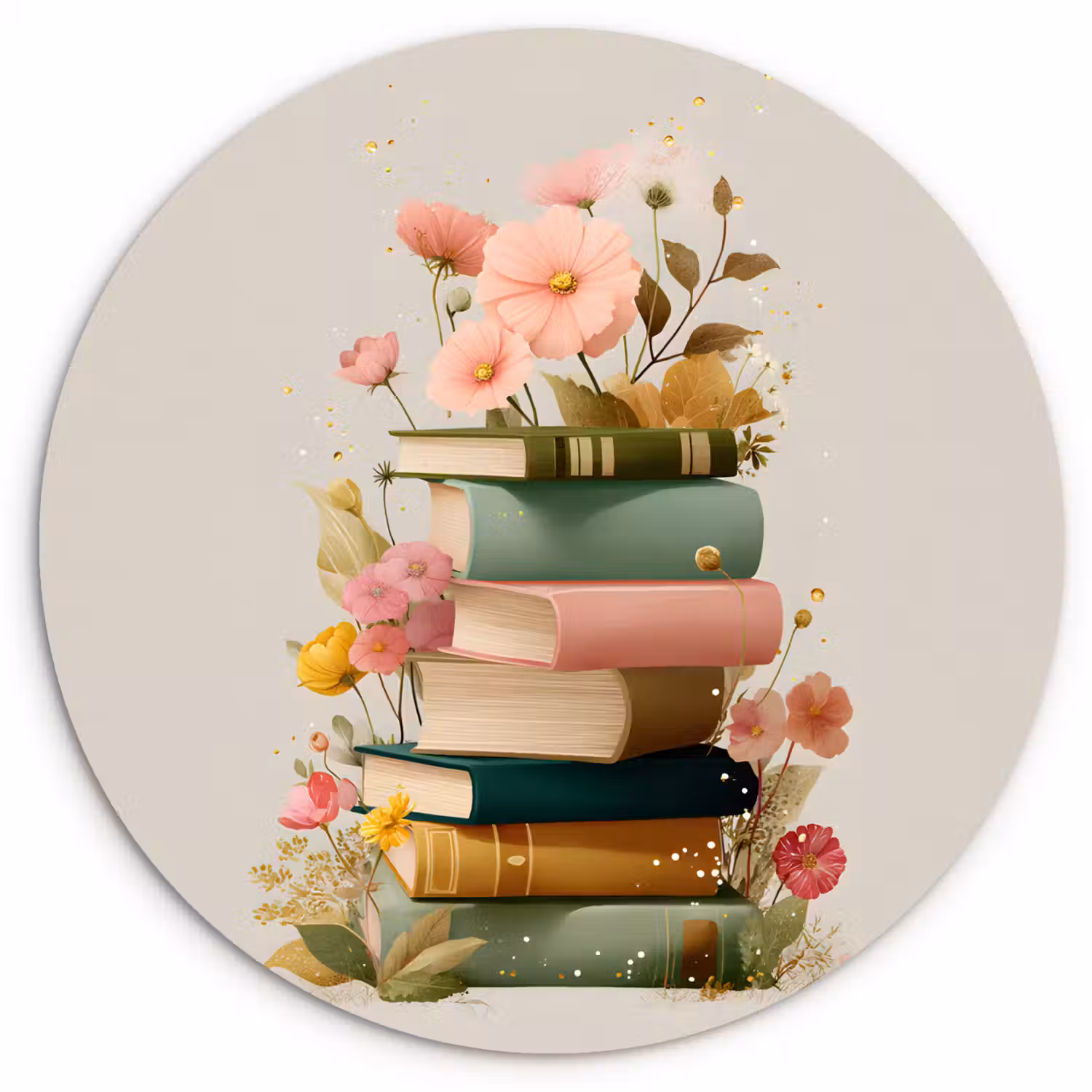 Boeken - Stapel - Bloemen - Kleurrijk Wandcirkel kunststof plaat 5mm dik klein -3d