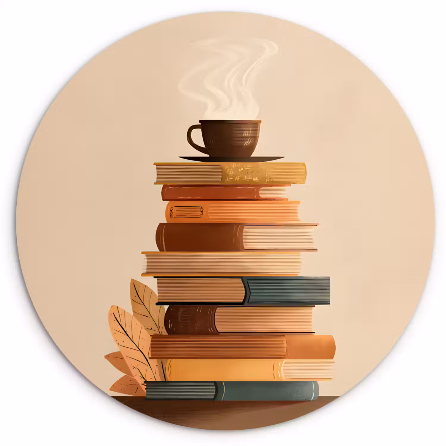 Boeken - Toren - Koffie - Beige Wandcirkel kunststof plaat 5mm dik klein -3d