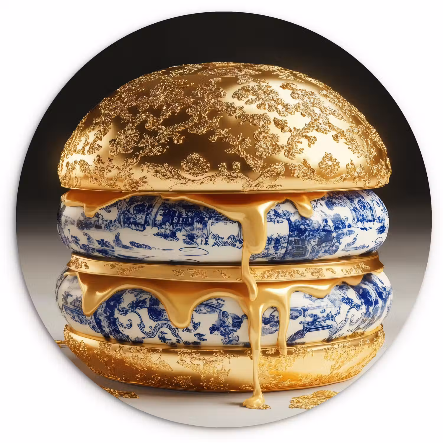 Delftsblauw - Goud - Burger Wandcirkel kunststof plaat 5mm dik klein -3d