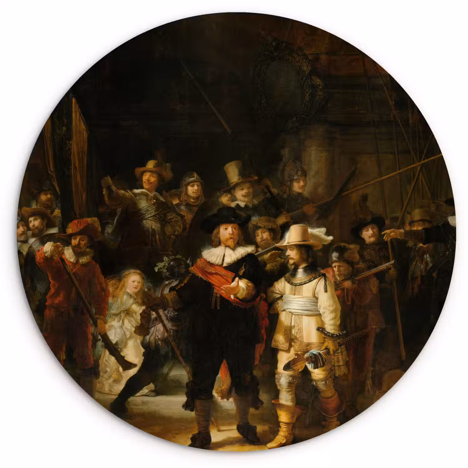 De Nachtwacht - Schilderij van Rembrandt van Rijn Wandcirkel kunststof plaat 5mm dik klein -3d