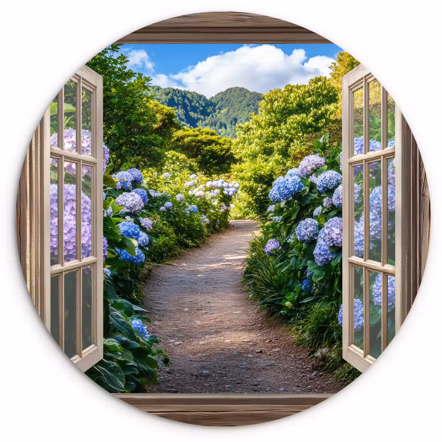 Doorkijk - Hortensia - Pad - Natuur Wandcirkel kunststof plaat 5mm dik klein -3d