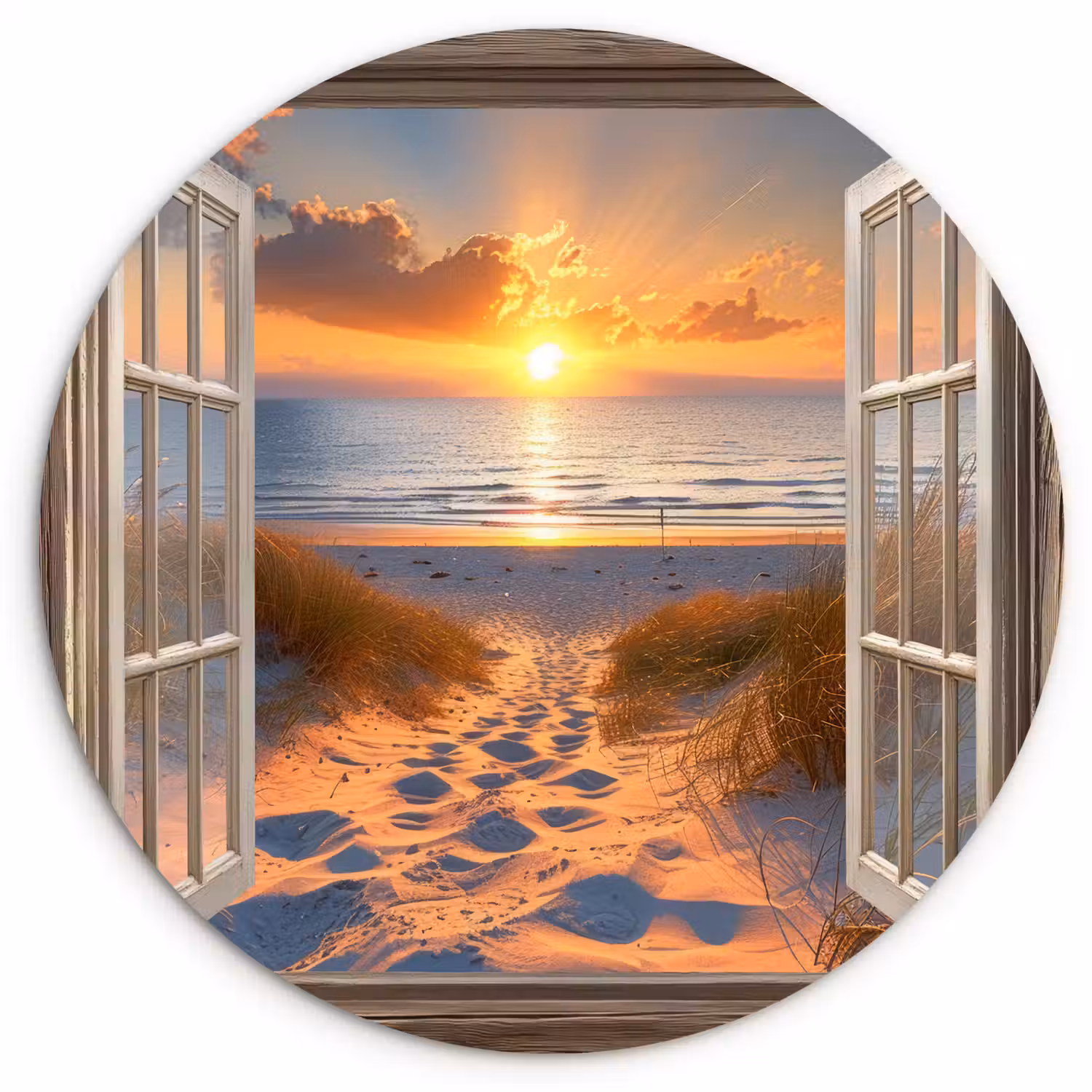 Doorkijk - Strand - Duinen - Zonsondergang Wandcirkel kunststof plaat 5mm dik klein -3d