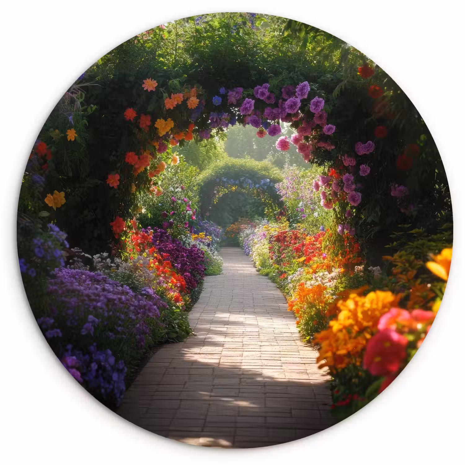 Doorkijk - Pad - Bloemen - Struik - Kleurrijk Wandcirkel kunststof plaat 5mm dik klein -3d