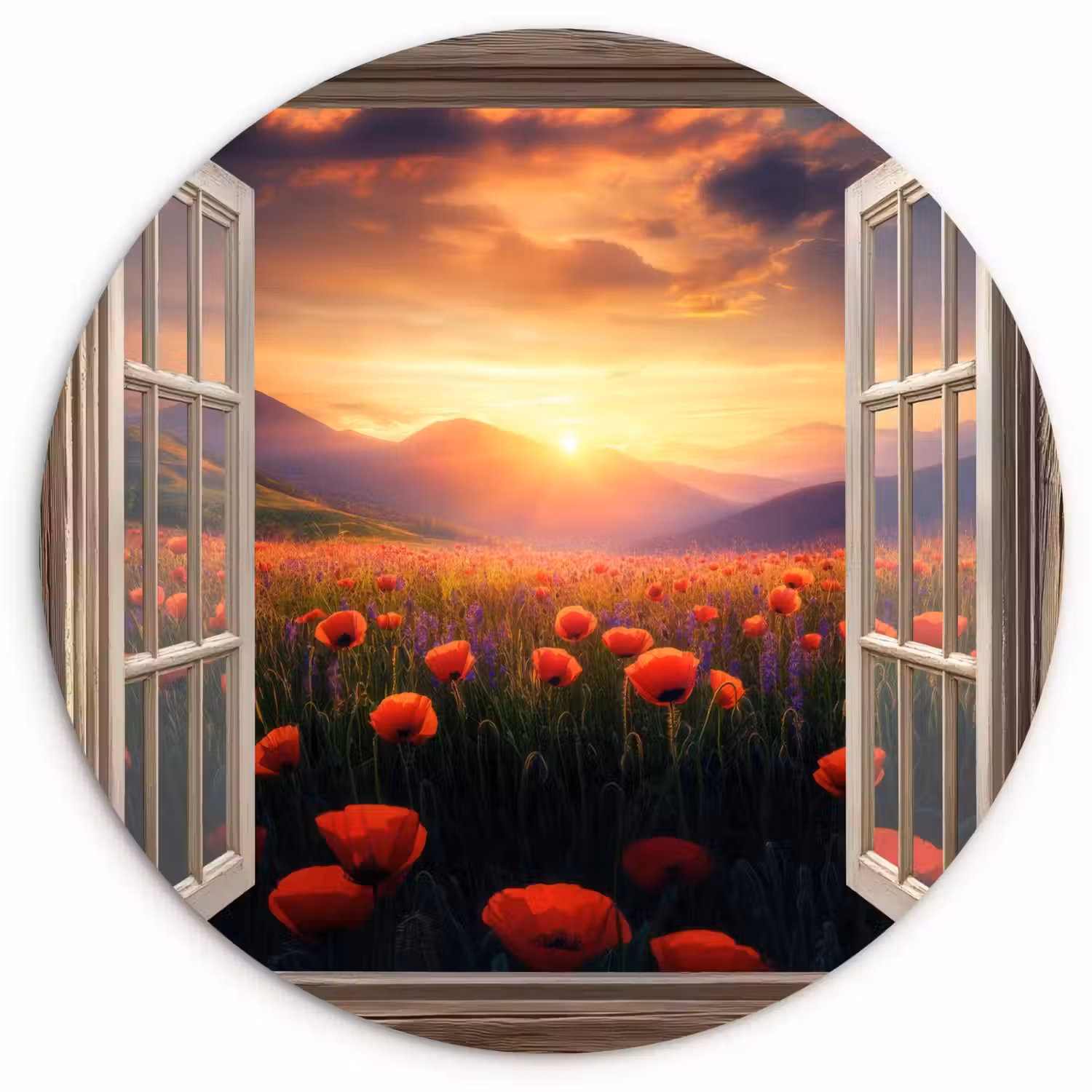 Doorkijk - Klaprozen - Bloemen - Rood - Open raam Wandcirkel kunststof plaat 5mm dik klein -3d