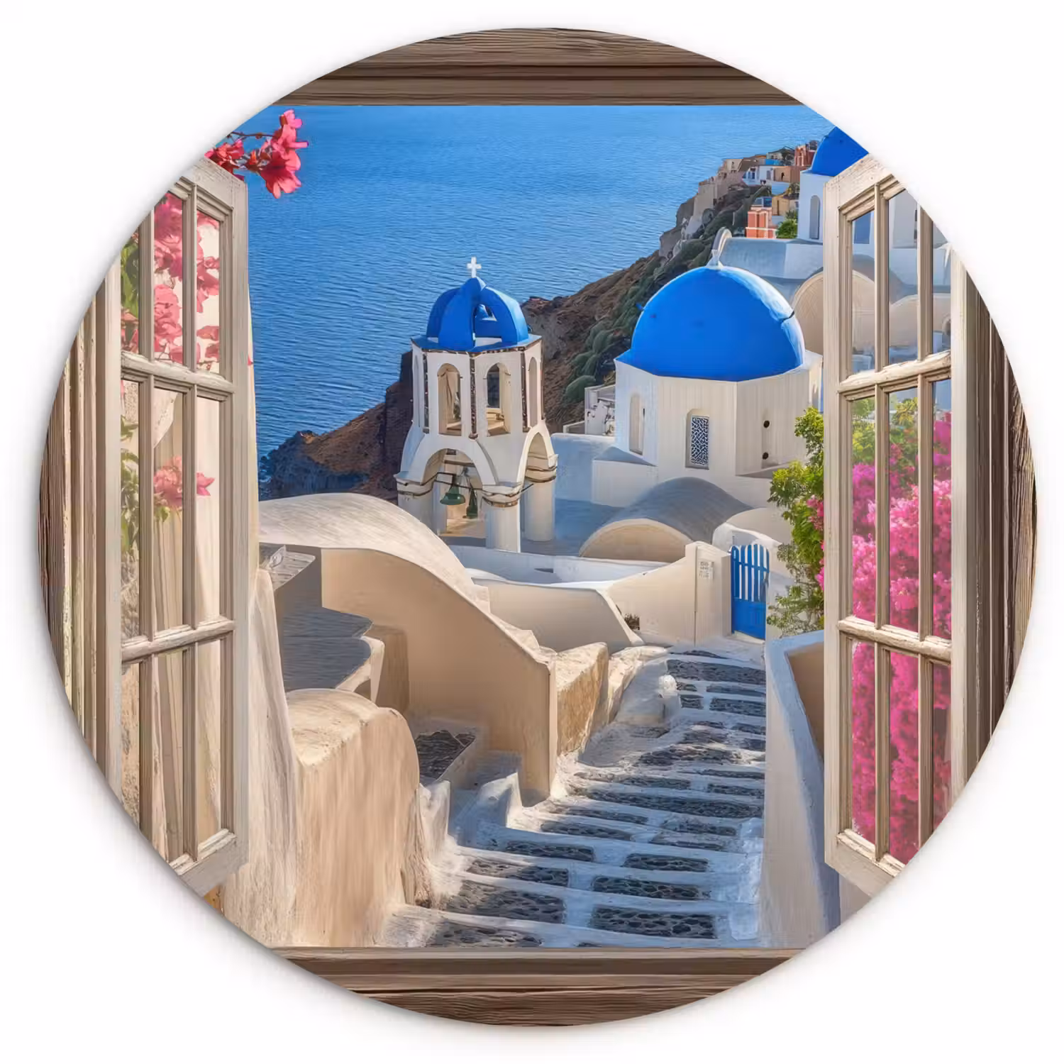 Doorkijk - Santorini - Landschap - Blauw - Grieks Wandcirkel kunststof plaat 5mm dik klein -3d