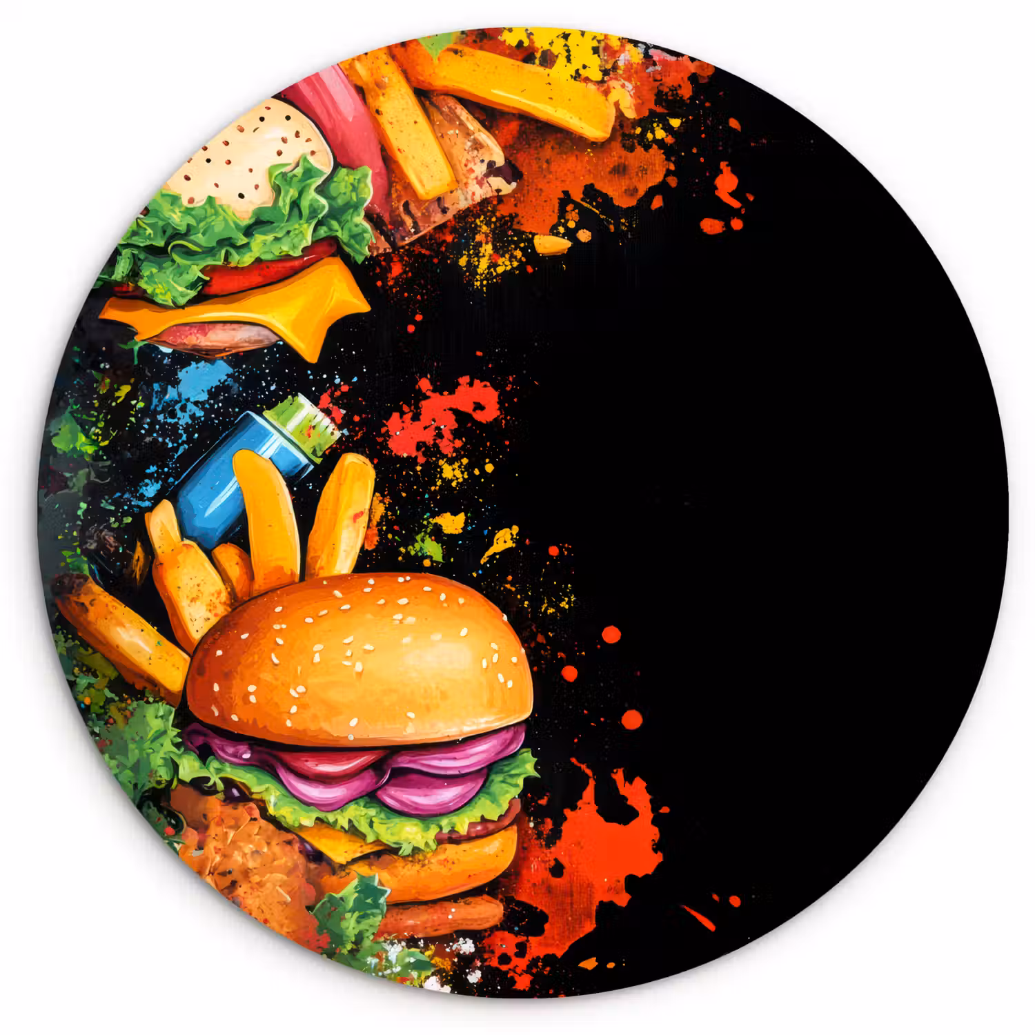 Fastfood - Graffiti - Hamburger - Eten - Modern Wandcirkel kunststof plaat 5mm dik klein -3d