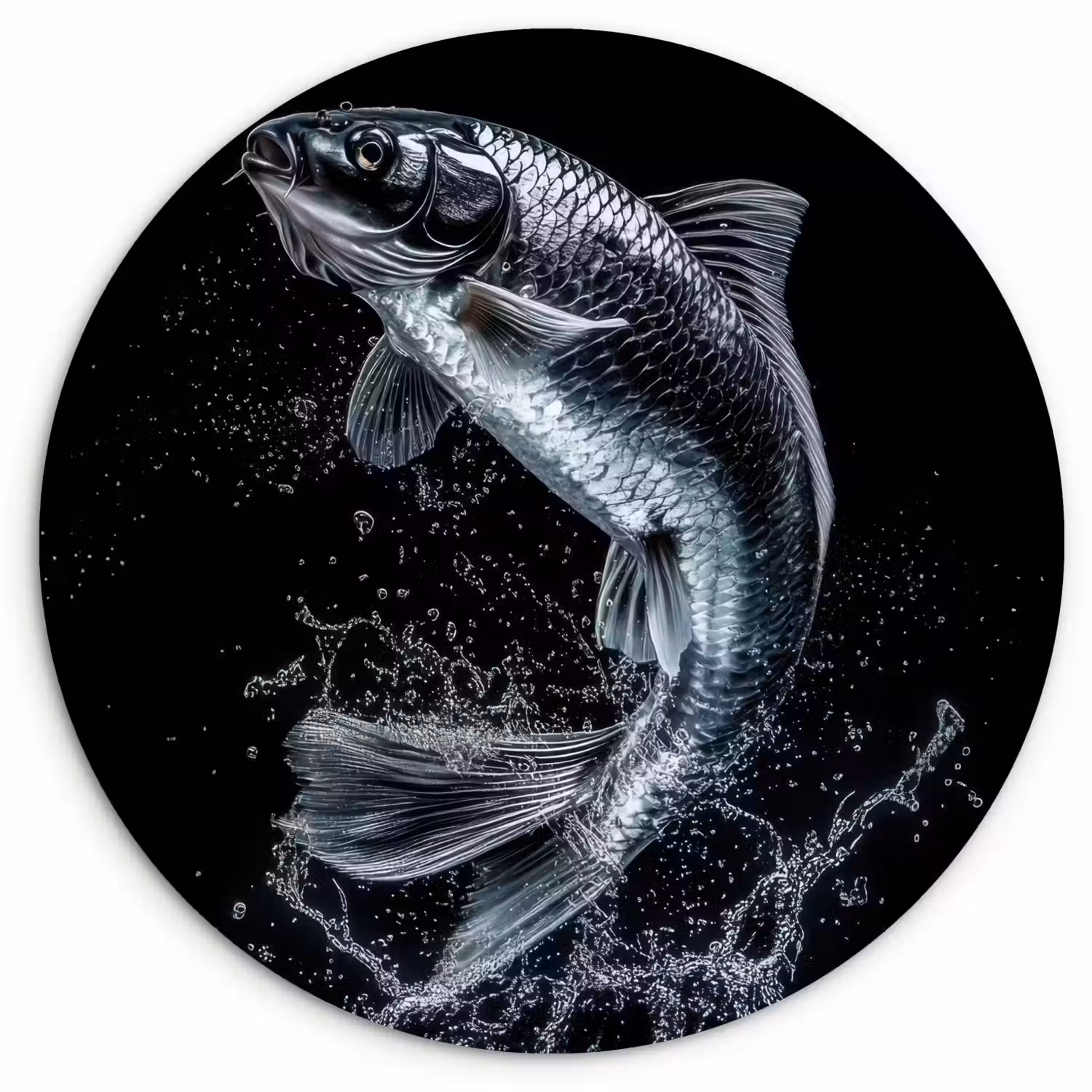 Vis - Koi - Zwart - Water Wandcirkel kunststof plaat 5mm dik klein -3d