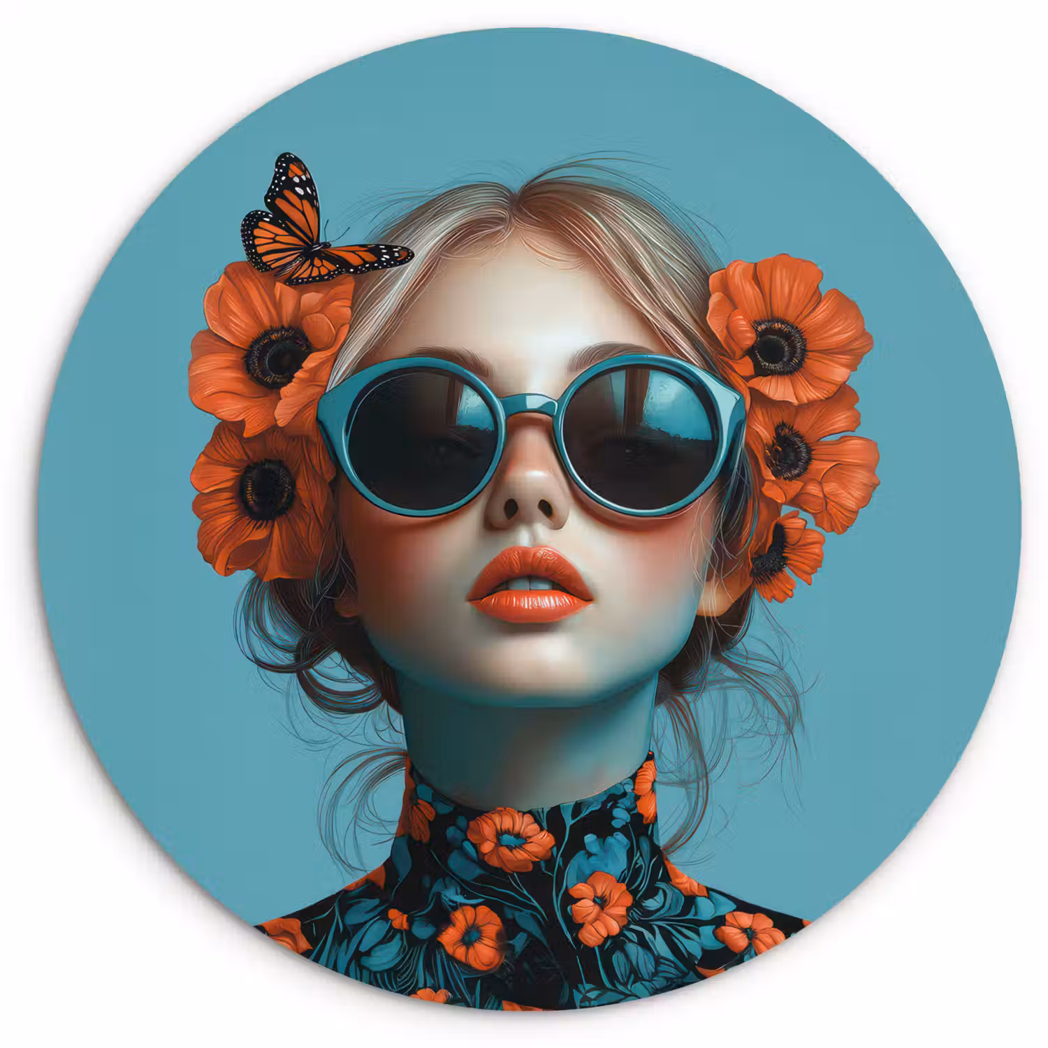 Vrouw - Blauw - Vlinder - Bloemen - Aesthetic Wandcirkel kunststof plaat 5mm dik klein -3d