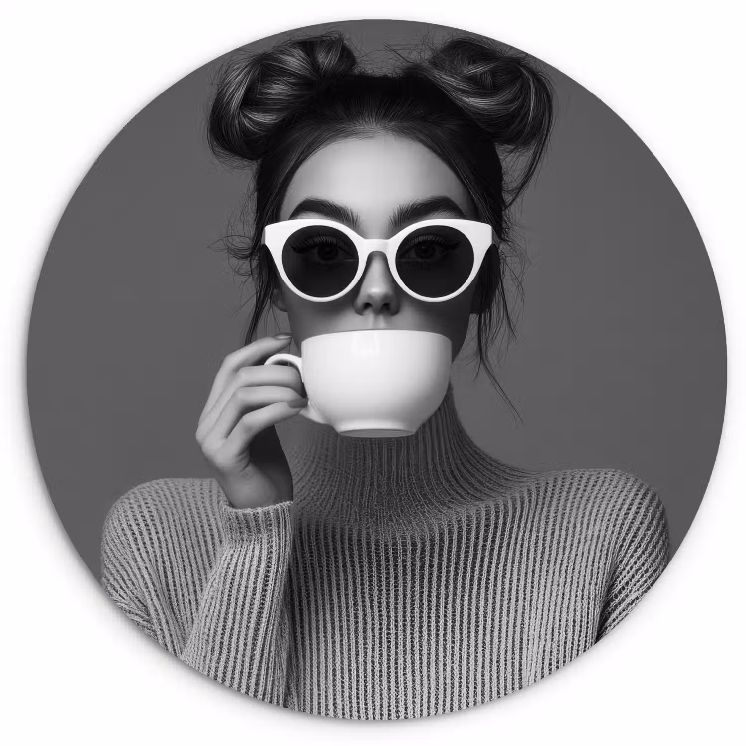 Vrouw - Koffie - Zwart - Wit Wandcirkel kunststof plaat 5mm dik klein -3d