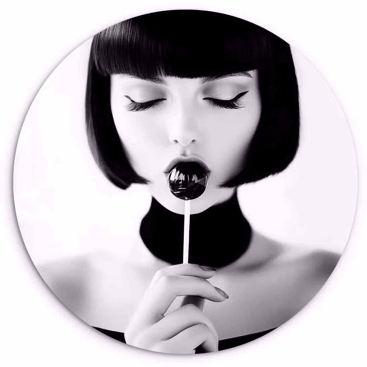Vrouw - Lolly - Zwart - Wit Wandcirkel kunststof plaat 5mm dik klein -3d