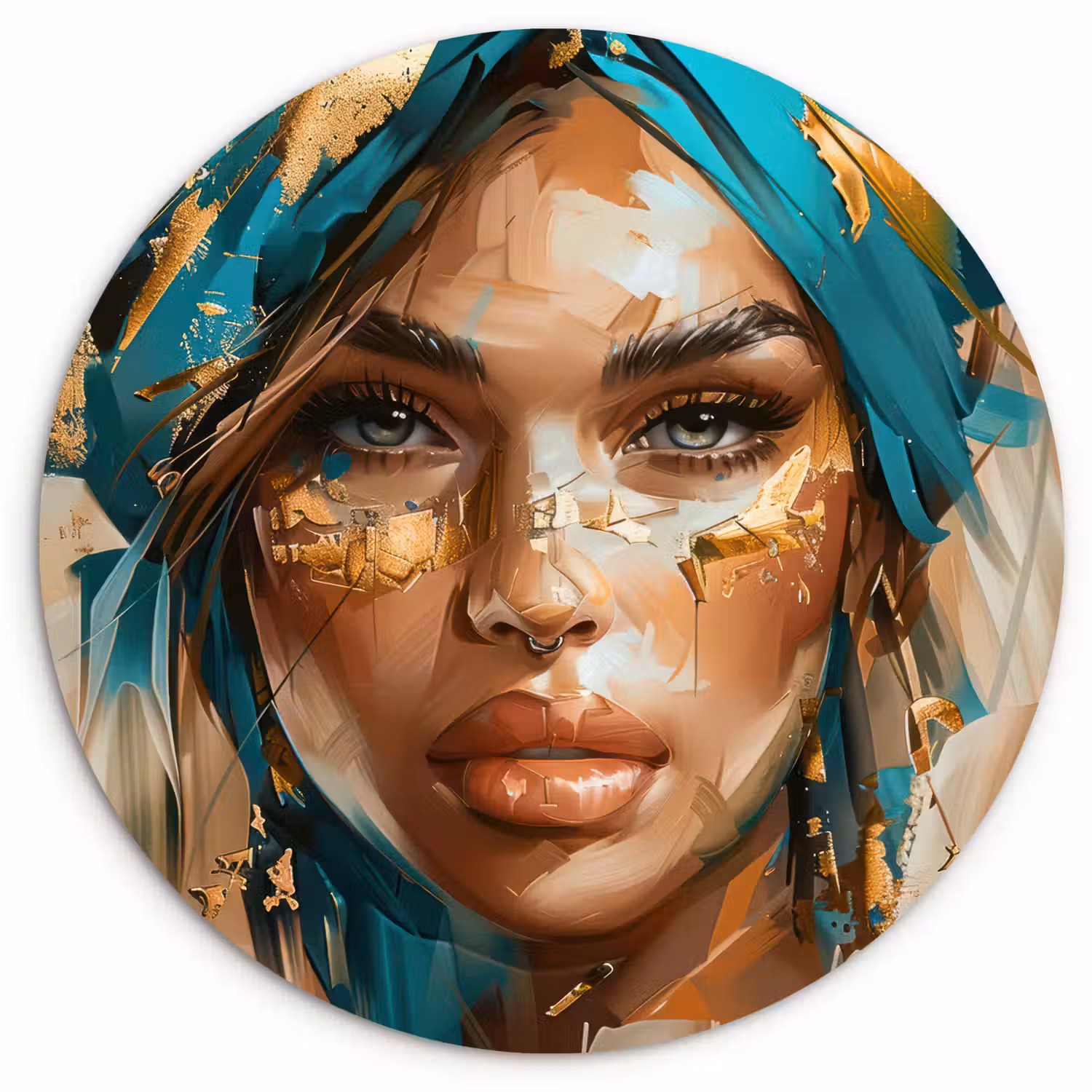 Vrouw - Portret - Goud - Luxe - Blauw Wandcirkel kunststof plaat 5mm dik klein -3d