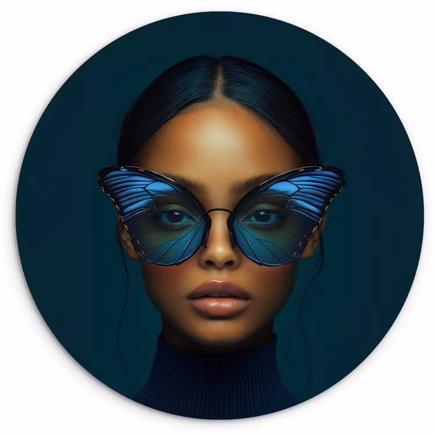 Vrouw - Vlinder - Bril - Blauw - Modern - Portret Wandcirkel kunststof plaat 5mm dik klein -3d