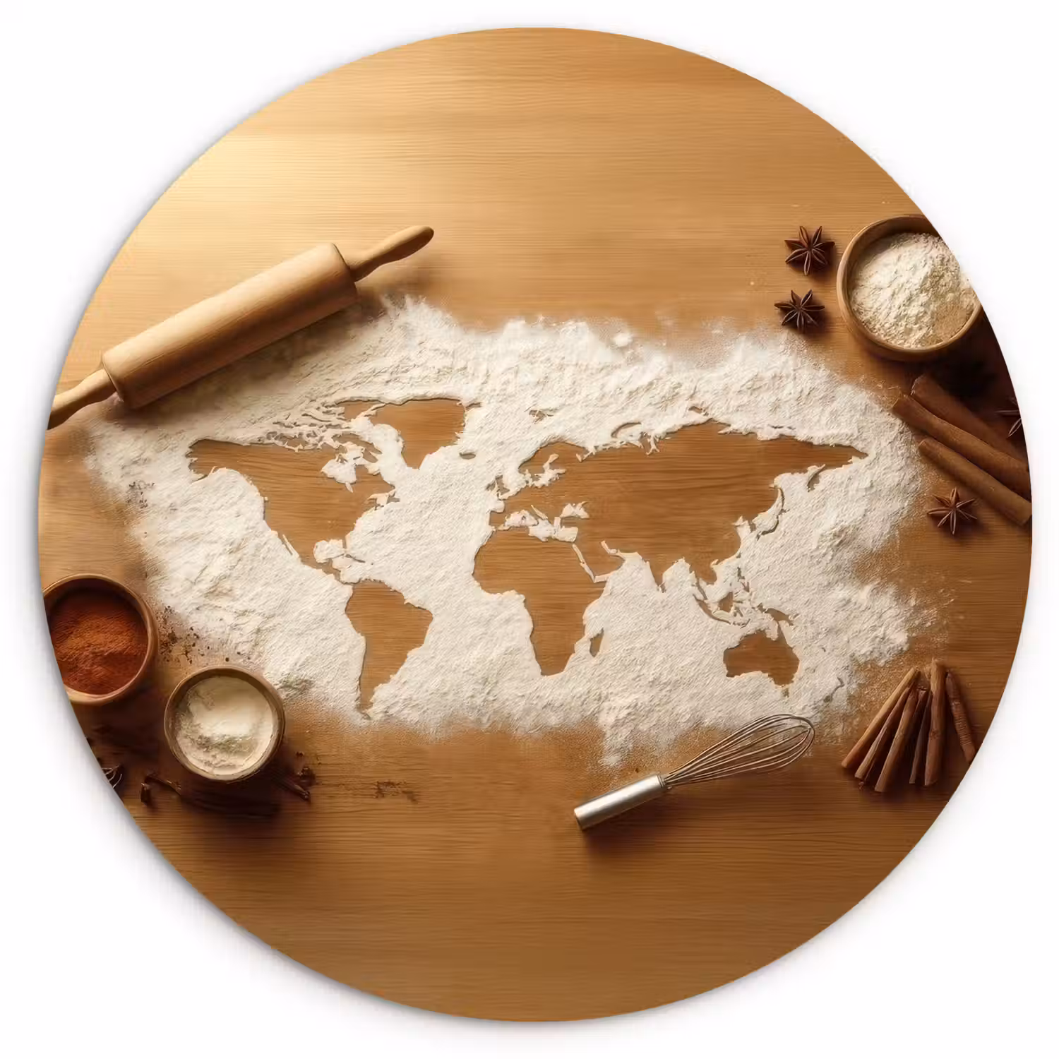 Hout - Wereldkaart - Bakken - Keuken Wandcirkel kunststof plaat 5mm dik klein -3d