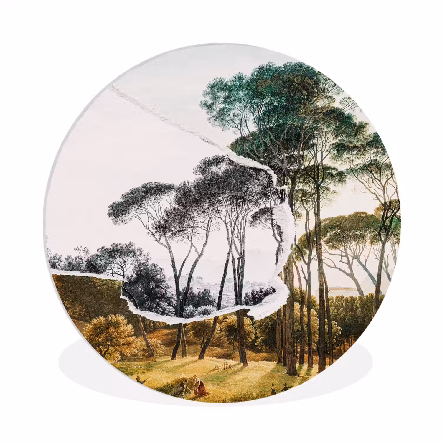 Italiaans landschap parasoldennen - Kunst - Hendrik Voogd - Schilderij - Zwart wit - Oude meesters Wandcirkel kunststof plaat 5mm dik klein -3d