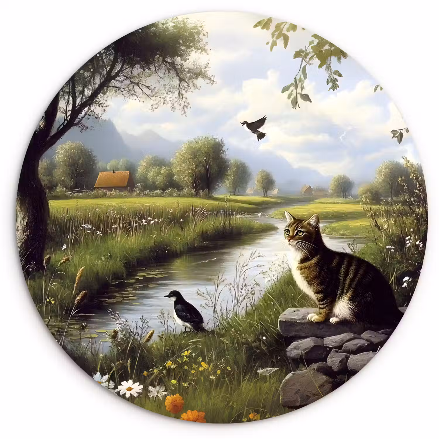 Kat - Beekje - Weide Wandcirkel kunststof plaat 5mm dik klein -3d