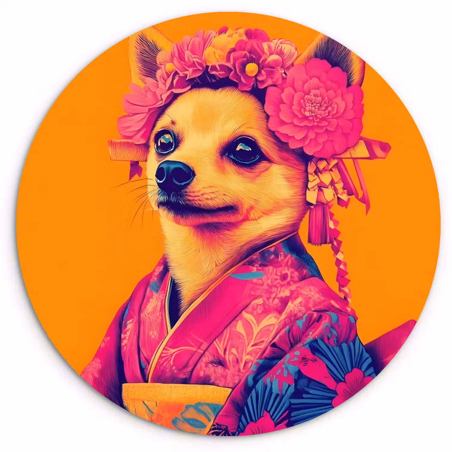 Kimono - Hondje - Bloemenkroon - Oranje Wandcirkel kunststof plaat 5mm dik klein -3d