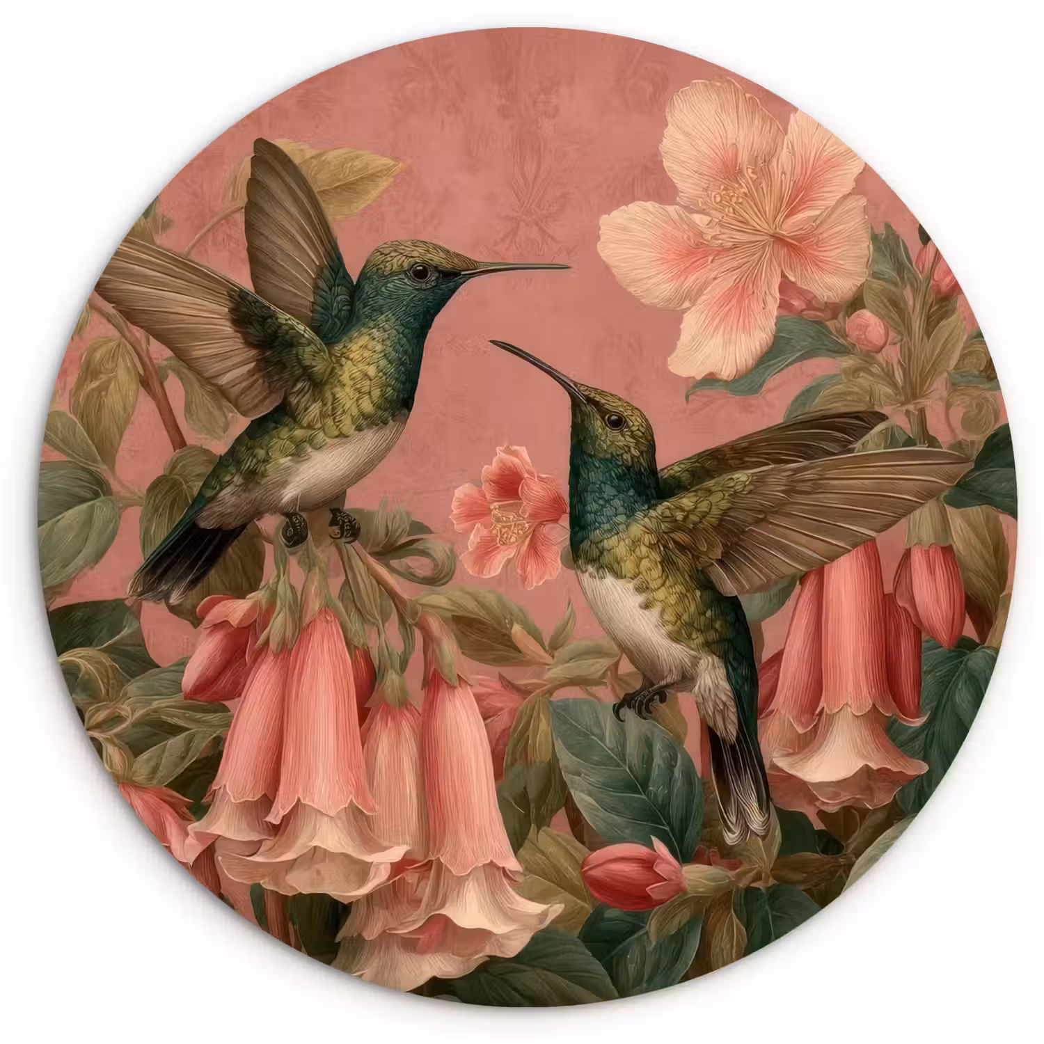 Kolibries - Bloemen - Groen - Roze Wandcirkel kunststof plaat 5mm dik klein -3d