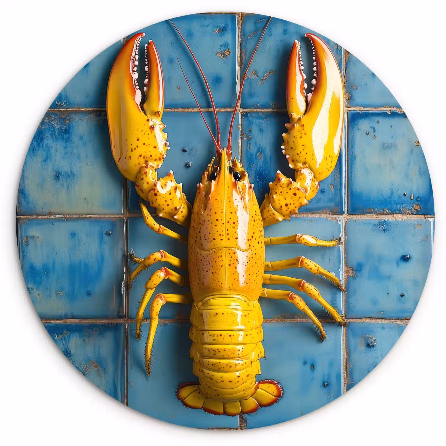 Kreeft - Geel - Blauw - Tegels Wandcirkel kunststof plaat 5mm dik klein -3d