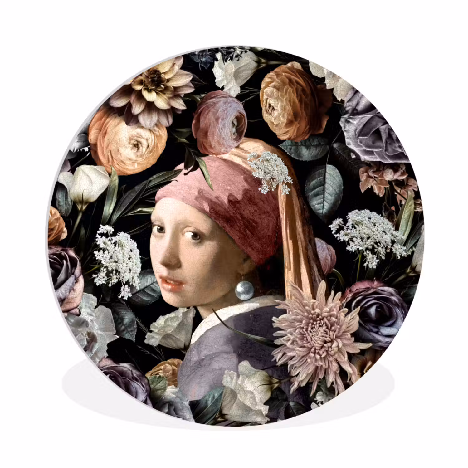 Meisje met de parel - Bloemen - Vermeer - Pastel - Kunstwerk - Schilderij - Oude meesters Wandcirkel kunststof plaat 5mm dik klein -3d