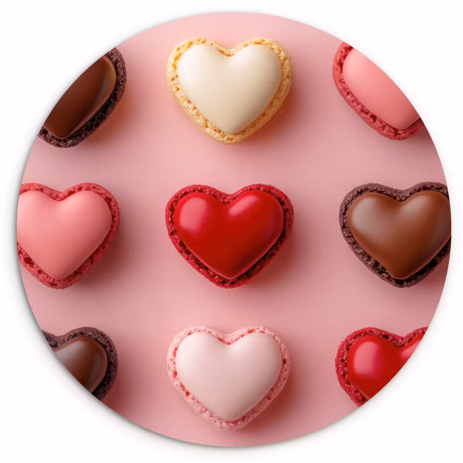 Macarons - Hartjes - Kleurrijk - Roze Wandcirkel kunststof plaat 5mm dik klein -3d