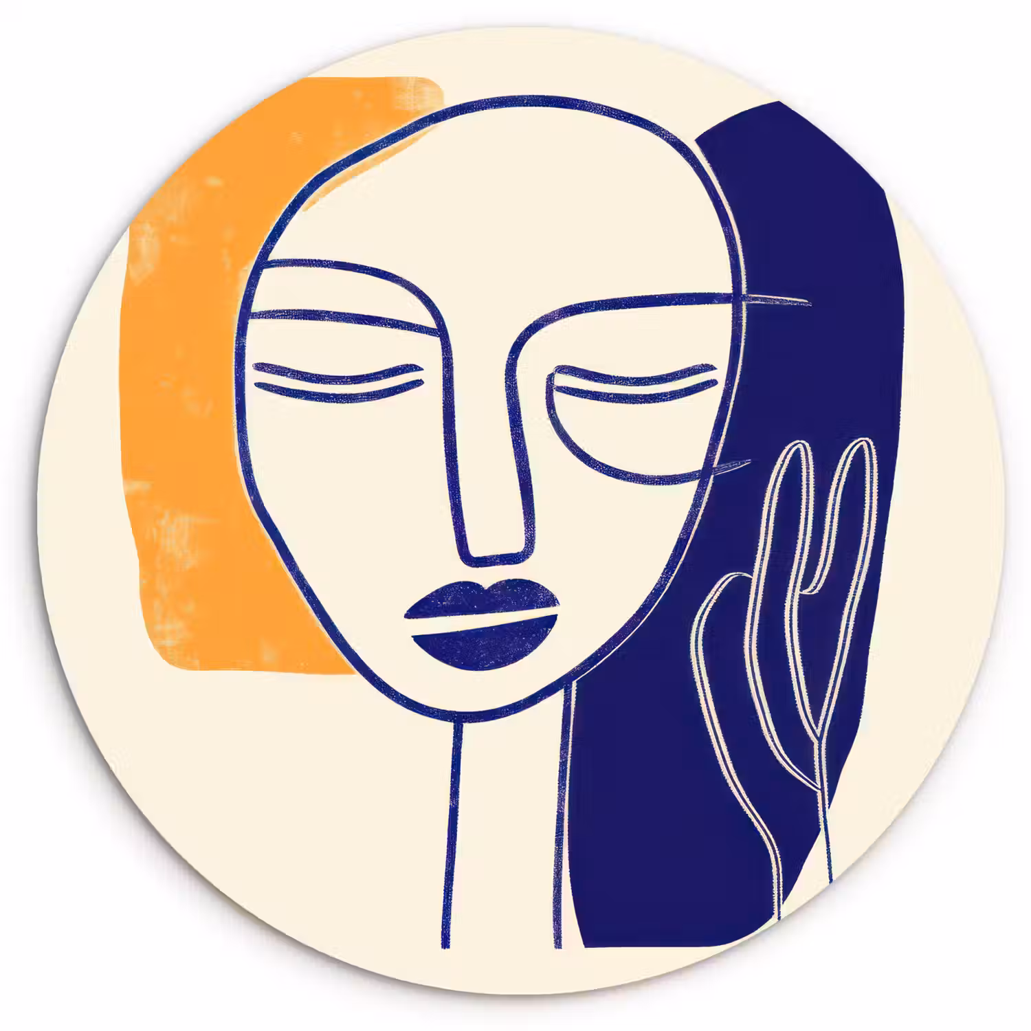 Minimalistisch - Gezicht - Hand - Oranje - Blauw Wandcirkel kunststof plaat 5mm dik klein -3d