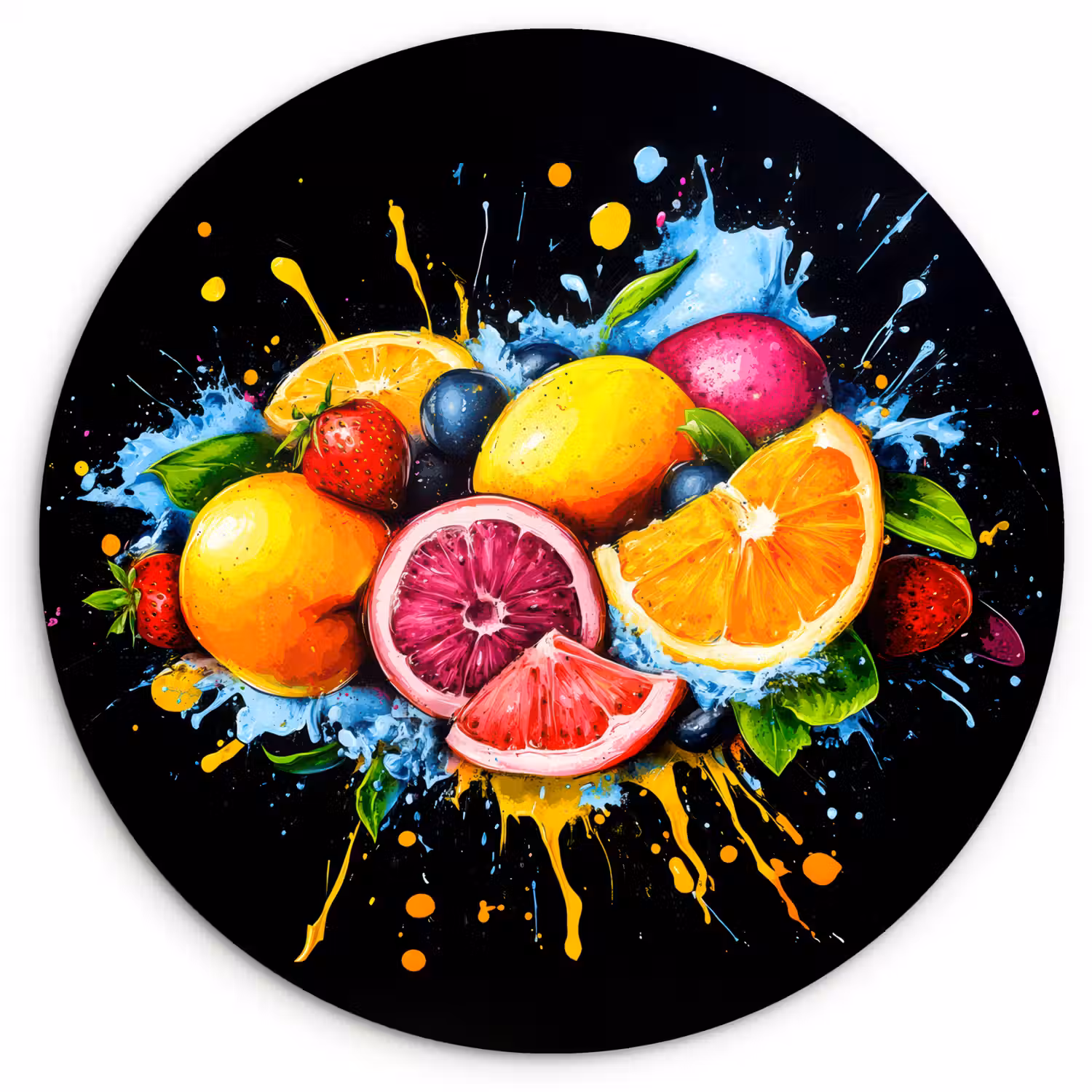 Fruit - Graffiti - Kleurrijk - Sinaasappel - Aardbei - Abstract Wandcirkel kunststof plaat 5mm dik klein -3d