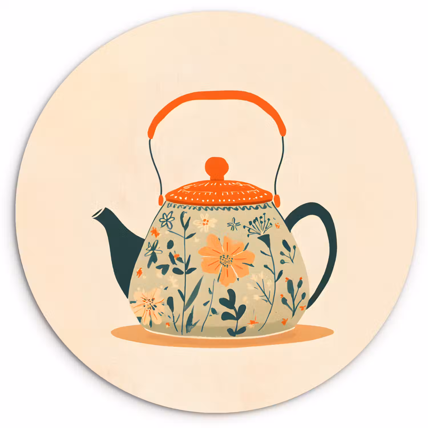 Oranje - Theepot - Bloemen - Bladeren Wandcirkel kunststof plaat 5mm dik klein -3d