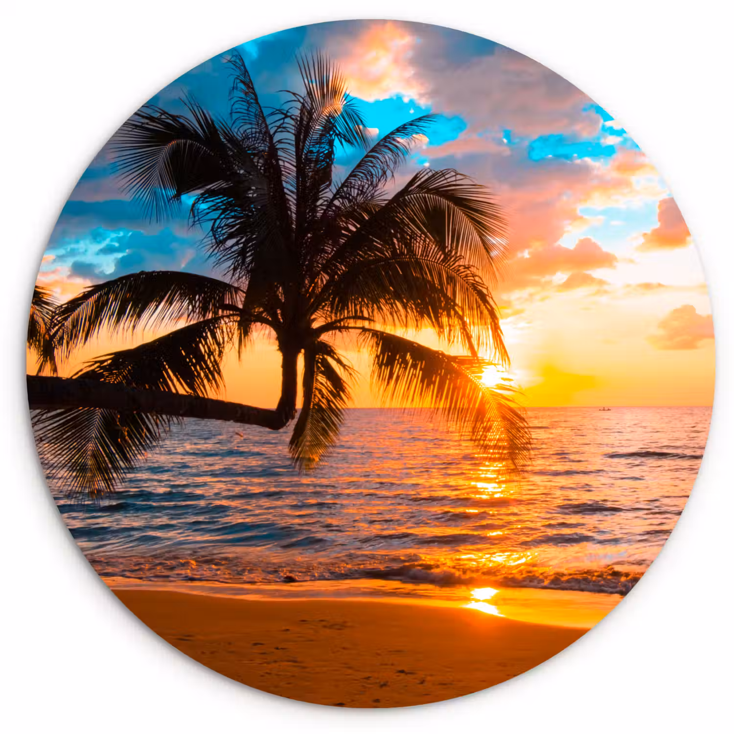Palm - Zonsondergang - Horizon - Strand - Zee - Tropisch Wandcirkel kunststof plaat 5mm dik klein -3d