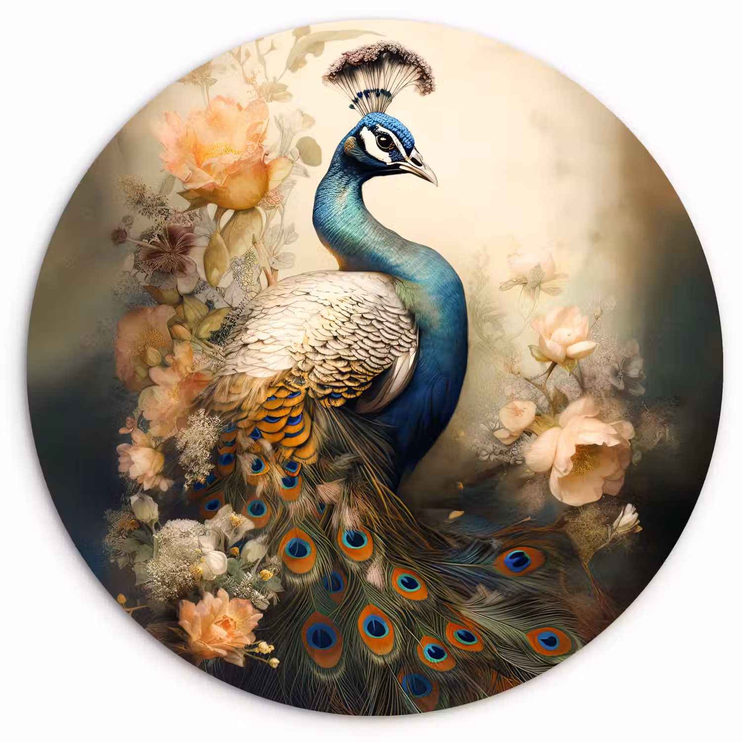 Pauw - Pauwenveren - Bloemen - Vogels - Botanisch Wandcirkel kunststof plaat 5mm dik klein -3d