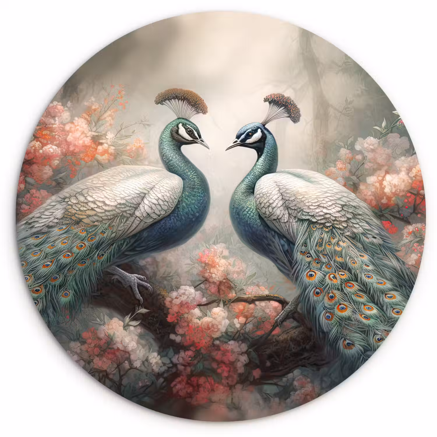 Pauwen - Pauwenveren - Vogels - Bloemen - Natuur Wandcirkel kunststof plaat 5mm dik klein -3d