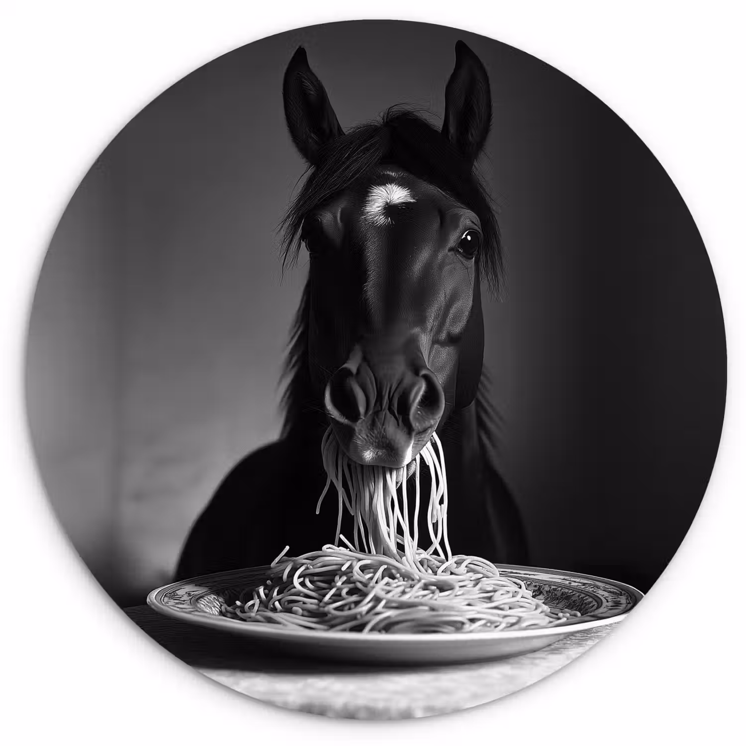 Paard - Bord - Pasta - Tafelkleed - Zwart Wit - Dieren Wandcirkel kunststof plaat 5mm dik klein -3d