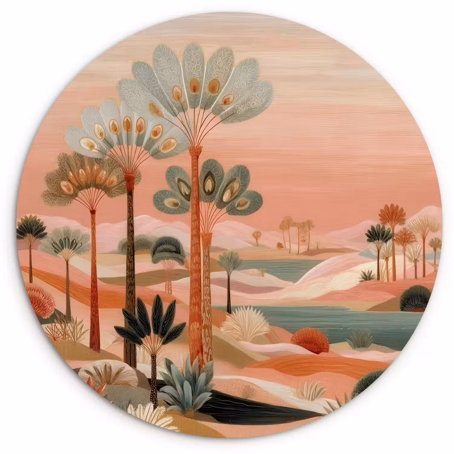 Roze landschap - Palmen - Water Wandcirkel kunststof plaat 5mm dik klein -3d