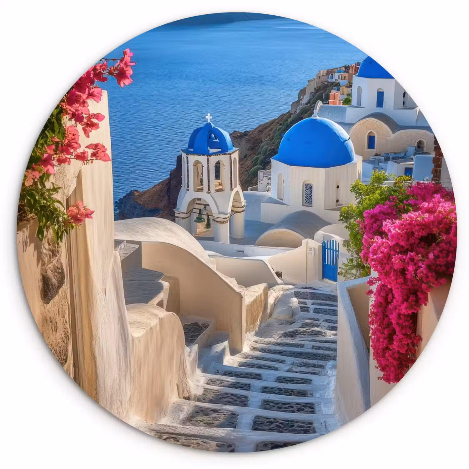 Santorini - Bloemen - Griekenland Wandcirkel kunststof plaat 5mm dik klein -3d