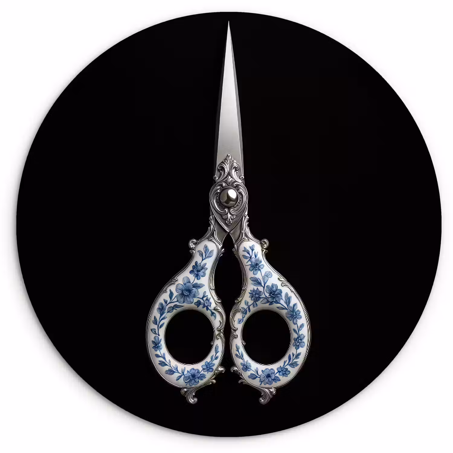 Schaar - Delfts blauw - Zwart Wandcirkel kunststof plaat 5mm dik klein -3d