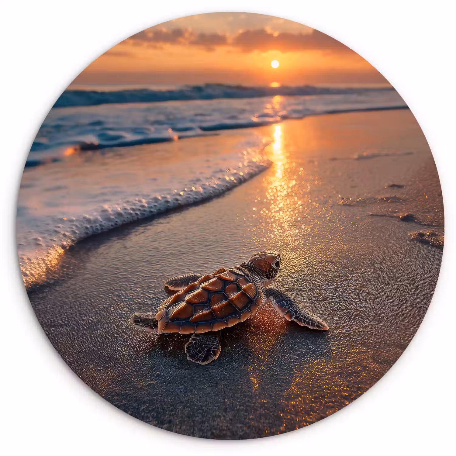 Schildpad - strand - Zonsondergang Wandcirkel kunststof plaat 5mm dik klein -3d