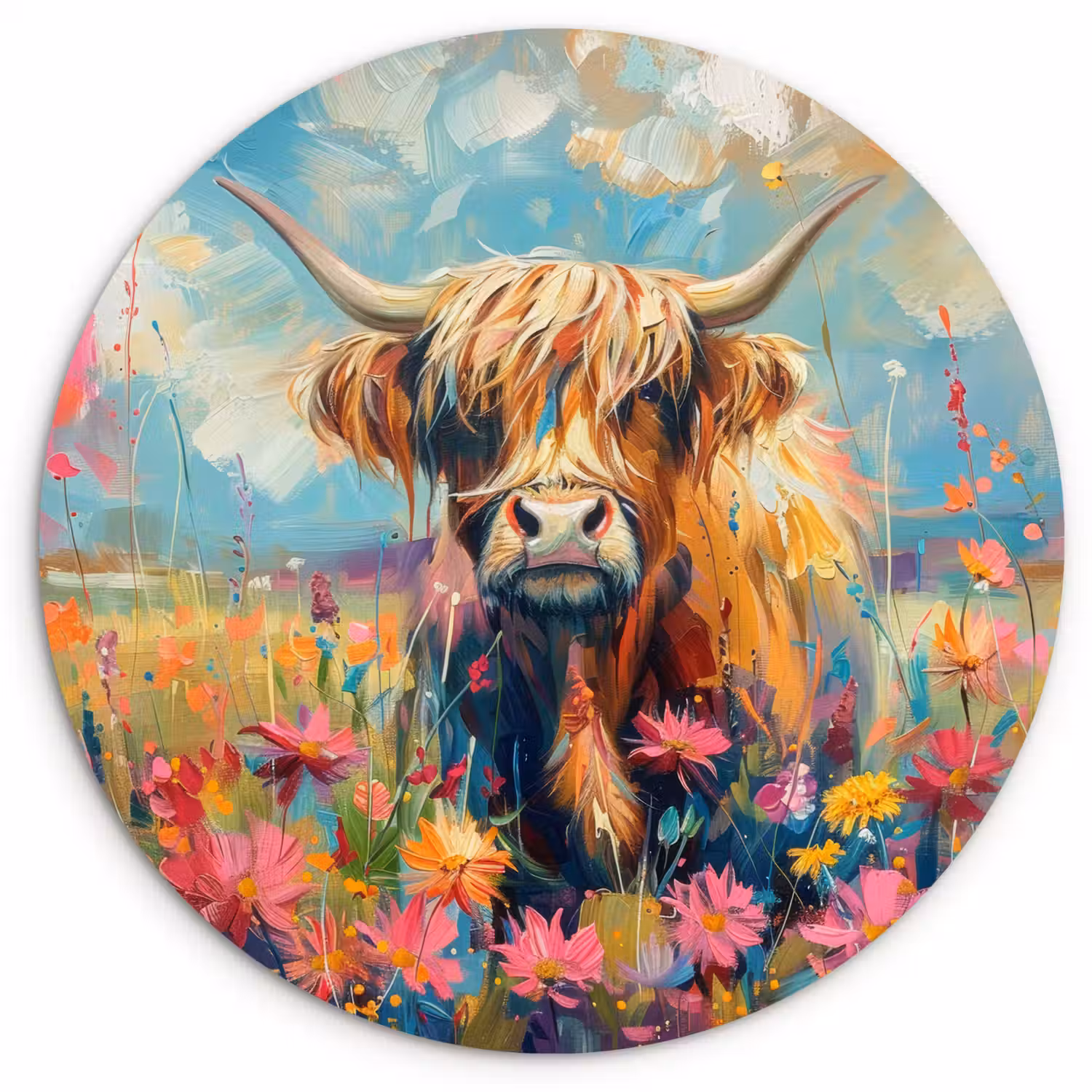 Schotse hooglander - Natuur - Kleurrijk - Bloemen Wandcirkel kunststof plaat 5mm dik klein -3d